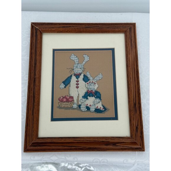 Other - Handmade Framed Cross Stitch Art With Two Rabbits & Basket‎